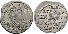 POLAND, Monarchs. Zygmunt III Waza, 1587-1632. 3 Grosze (Trojak) 1599 (Silver, 21 mm, 2.06 g, 3 h), Riga. SIG✱III✱D.G - ✱REX✱PO✱D✱LI Crowned and cuira...