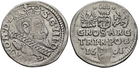 POLAND, Monarchs. Zygmunt III Waza, 1587-1632. 3 Grosze (Trojak) 1601 B (Silver, 20 mm, 2.43 g, 11 h), Bydgoszcz. •SIG•III•D - •G•[RE]X•PO•M•D•L Crown...