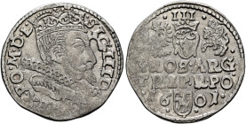 POLAND, Monarchs. Zygmunt III Waza, 1587-1632. 3 Grosze (Trojak) 1601 P (Silver, 20 mm, 2.30 g, 9 h), Poznań. SIG•III•D• - [•G•RE]X•PO•M•D•L• Crowned ...