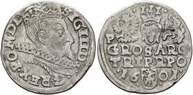 POLAND, Monarchs. Zygmunt III Waza, 1587-1632. 3 Grosze (Trojak) 1601 P (Silver, 20 mm, 1.94 g, 8 h), Poznań. SIG•III•D• - •G•REX•PO•M•D•L• Crowned an...