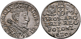 POLAND, Monarchs. Zygmunt III Waza, 1587-1632. 3 Grosze (Trojak) 1601 K (Silver, 19 mm, 2.34 g, 12 h), Krakow. SIGISM•III•D.G - REX•POM•D•L• Crowned a...