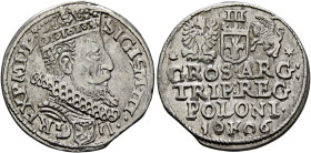 POLAND, Monarchs. Zygmunt III Waza, 1587-1632. 3 Grosze (Trojak) 1606 K (Silver, 20 mm, 2.14 g, 12 h), Krakow. SIGISM•III••D - GREXPMDL• Crowned and c...