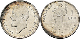 ROMANIA, Kingdom. Carol I, 1881-1914. 1 Leu 1914 (Silver, 22 mm, 4.95 g, 6 h), Hamburg. CAROL•I•REGE• - •AL•ROMANIEI Head of Carol I to left. Rev. ROM...