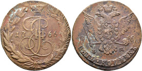 RUSSIA, Tsars of Russia. Ekaterina II Velikaya (the Great), 1762-1796. 5 Kopeks 1766 EM (Bronze, 42 mm, 52.47 g, 12 h), Ekaterinburg. Crowned monogram...