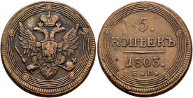 RUSSIA, Tsars of Russia. Aleksander I Pavlovich, 1801-1825. 5 Kopeks 1803 EM (Bronze, 43 mm, 51.81 g, 12 h), variety with dots within double lined cir...