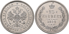 RUSSIA, Tsars of Russia. Aleksandr II Nikolaevich, 1855-1881. 25 Kopeks 1859 СПБ (Silver, 24 mm, 5.20 g, 12 h), St. Petersburg. Crowned double eagle, ...