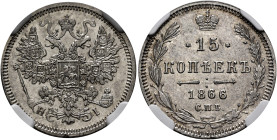 RUSSIA, Tsars of Russia. Aleksandr III Aleksandrovich, 1881-1894. 15 Kopeks 1866 HI (Silver, 20 mm, 3.10 g, 12 h), St. Petersburg. Crowned double eagl...