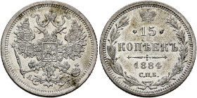 RUSSIA, Tsars of Russia. Aleksandr III Aleksandrovich, 1881-1894. 15 Kopeks 1884 СПБ (Silver, 20 mm, 2.70 g, 12 h), St. Petersburg. Crowned double eag...