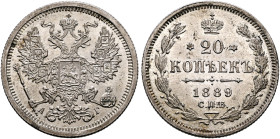 RUSSIA, Tsars of Russia. Aleksandr III Aleksandrovich, 1881-1894. 20 Kopeks 1889 СПБ (Silver, 22 mm, 3.68 g, 12 h), St. Petersburg. Crowned double eag...
