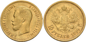 RUSSIA, Tsars of Russia. Nikolai II Aleksandrovich, 1894-1917. 10 Roubles 1899 (Gold, 23 mm, 8.58 g, 12 h), St. Petersburg АГ. Б.М.АЛЕКСАНДРЪ III ИМПЕ...