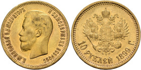 RUSSIA, Tsars of Russia. Nikolai II Aleksandrovich, 1894-1917. 10 Roubles 1899 (Gold, 23 mm, 8.62 g, 12 h), St. Petersburg АГ. Б.М.АЛЕКСАНДРЪ III ИМПЕ...