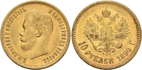 RUSSIA, Tsars of Russia. Nikolai II Aleksandrovich, 1894-1917. 10 Roubles 1899 (Gold, 23 mm, 8.58 g, 12 h), St. Petersburg ЭБ. Б.М.АЛЕКСАНДРЪ III ИМПЕ...
