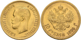 RUSSIA, Tsars of Russia. Nikolai II Aleksandrovich, 1894-1917. 10 Roubles 1899 (Gold, 23 mm, 8.58 g, 12 h), St. Petersburg ФЗ. Б.М.АЛЕКСАНДРЪ III ИМПЕ...