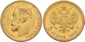 RUSSIA, Tsars of Russia. Nikolai II Aleksandrovich, 1894-1917. 5 Roubles 1900 (Gold, 18 mm, 4.27 g, 12 h), St. Petersburg. Б.М.НИКОЛАЙ II ИМПЕРАТОРЪ И...
