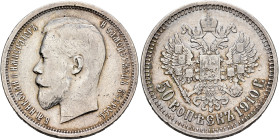 RUSSIA, Tsars of Russia. Nikolai II Aleksandrovich, 1894-1917. 50 Kopeks 1910 ЭБ (Silver, 27 mm, 9.99 g, 12 h), St. Petersburg. Б.М.НИКОЛАЙ II ИМПЕРАТ...