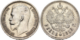 RUSSIA, Tsars of Russia. Nikolai II Aleksandrovich, 1894-1917. Rouble 1912 ЭБ (Silver, 34 mm, 20.03 g, 12 h), St. Petersburg. Б.М.НИКОЛАЙ II ИМПЕРАТОР...
