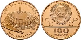 RUSSIA, Union of Soviet Socialist Republics. 1923-1991. 100 Roubles 1979 ММД (Gold, 30 mm, 17.37 g, 12 h), on the Olympic Games 1980 and the Druzhba S...