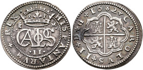 SPAIN, Reino de España. Carlos II el Hechizado. 2 Reales 1682 M (Silver, 26 mm, 5.80 g, 12 h), Segovia. HISPANIARVM+REX Crowned monogram. Rev. +CAROLV...