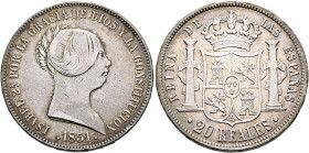 SPAIN, Reino de España. Isabel II, 1833-1868. 20 Reales 1851 (Silver, 37 mm, 26.06 g, 12 h), Sevilla (Seville). ISABEL 2A. POR LA GRACIA DE DIOS Y LA ...