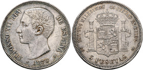 SPAIN, Reino de España. Alfonso XII, 1874-1885. 5 Pesetas 1876 (Silver, 37 mm, 25.11 g, 6 h), Madrid. ALFONSO XII REY DE ESPANA / ✱1876✱ Bare head of ...