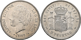 SPAIN, Reino de España. Alfonso XIII, 1886-1931. 5 Pesetas 1892 (Silver, 37 mm, 24.94 g, 7 h), Madrid. ALFONSO XIII POR - LA G•DE DIOS / ✱1892✱ Bare h...