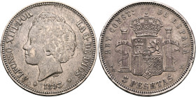 SPAIN, Reino de España. Alfonso XIII, 1886-1931. 5 Pesetas 1893 (Silver, 37 mm, 25.11 g, 6 h), Madrid. ALFONSO XIII POR - LA G•DE DIOS / ✱1893✱ Bare h...