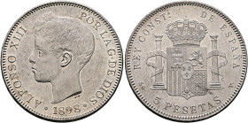SPAIN, Reino de España. Alfonso XIII, 1886-1931. 5 Pesetas 1898 (Silver, 37 mm, 24.86 g, 6 h), Madrid. ALFONSO XIII POR - LA G•DE DIOS / ✱1898✱ Bare h...