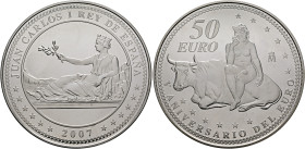 SPAIN, Reino de España. Juan Carlos, 1975-2014. 50 Euro 2007 M (Silver, 72 mm, 168.75 g, 12 h), on the 5th Anniversary of the EURO, Madrid. JUAN CARLO...