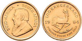 SOUTH AFRICA. Zuid-Afrikaansche Republiek (South African Republic). 1960-present. 1/10 Krugerrand 1984 (Gold, 16 mm, 3.38 g, 12 h), Pretoria. SUID-AFR...
