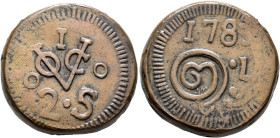 SRI LANKA (CEYLON). Netherlands East India Company, 1640-1796. 2 Stuivers 1783 (Copper, 28 mm, 31.08 g, 12 h), Jaffna. I / ◦VOC◦ / 2•S. Rev. 1783 / ஒர...