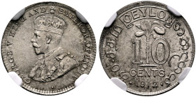 SRI LANKA (CEYLON), Colonial. George V, 1910-1936. 10 Cents 1912 (Silver, 15 mm, 1.16 g, 12 h), London. GEORGE V KING AND - EMPEROR OF INDIA• Crowned ...
