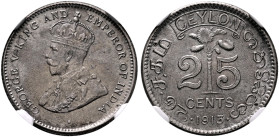 SRI LANKA (CEYLON), Colonial. George V, 1910-1936. 25 Cents 1913 (Silver, 17 mm, 2.91 g, 12 h), Calcutta. GEORGE V KING AND - EMPEROR OF INDIA• Crowne...