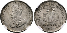 SRI LANKA (CEYLON), Colonial. George V, 1910-1936. 50 Cents 1925 (Silver, 23 mm, 5.83 g, 12 h), Calcutta. GEORGE V KING AND - EMPEROR OF INDIA• Crowne...