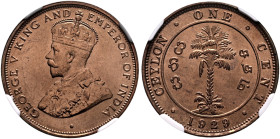 SRI LANKA (CEYLON), Colonial. George V, 1910-1936. 1 Cent 1929 (Copper, 22 mm, 4.57 g, 1 h), London. GEORGE V KING AND - EMPEROR OF INDIA• Crowned bus...