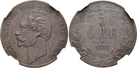 SWEDEN. Oscar I, 1844–1859. 5 Öre 1857 (Copper, 29 mm, 8.50 g, 6 h), variety with curved-top 5 ('stor båge'), Stockholm. OSCAR SVERIGES NORR. GÖTH. O....