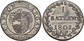 SWITZERLAND. Aargau, Kanton. 1 Batzen 1805 (Billon, 25 mm, 2.63 g, 6 h), Luzern. CANTON AARGAU / 10 RAPPEN Oval coat of arms with garland. Rev. 1 / BA...