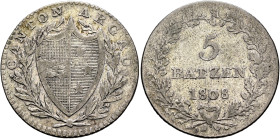 SWITZERLAND. Aargau, Kanton. 5 Batzen 1808 (Silver, 26 mm, 4.29 g, 6 h), Aarau. CANTON ✱ ARGAU Coat of arms within laurel and palm branch. Rev. 5 / BA...