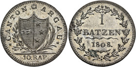 SWITZERLAND. Aargau, Kanton. 1 Batzen 1808 (Billon, 24 mm, 2.76 g, 6 h), Aarau. CANTON ✱ ARGAU / 10. RAP• Coat of arms within laurel and palm branch. ...