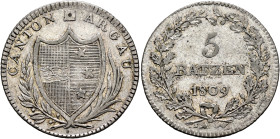 SWITZERLAND. Aargau, Kanton. 5 Batzen 1809 (Silver, 26 mm, 4.34 g, 6 h), Aarau. CANTON ✱ ARGAU Coat of arms within laurel and palm branch. Rev. 5 / BA...