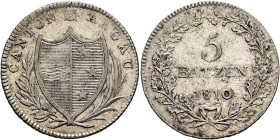 SWITZERLAND. Aargau, Kanton. 5 Batzen 1810 (Silver, 26 mm, 4.58 g, 6 h), Aarau. CANTON ✱ ARGAU Coat of arms within laurel and palm branch. Rev. 5 / BA...