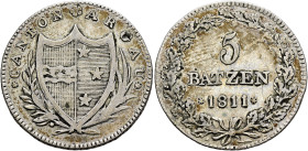 SWITZERLAND. Aargau, Kanton. 5 Batzen 1811 (Silver, 26 mm, 4.41 g, 6 h), Aarau. CANTON ✱ ARGAU Coat of arms within laurel and palm branch. Rev. 5 / BA...