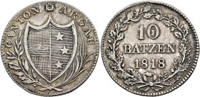SWITZERLAND. Aargau, Kanton. 10 Batzen 1818 (Silver, 29 mm, 7.34 g, 6 h), Aarau. CANTON ✱ ARGAU Coat of arms within laurel and palm branch. Rev. 10 / ...