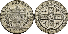 SWITZERLAND. Aargau, Kanton. 1 Batzen 1826 (Billon, 24 mm, 2.76 g, 6 h), overstruck over unknown type, Aarau. CANTON AARGAU 1826 / 1•BATZ Coat of arms...