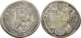 SWITZERLAND. Appenzell Innerrhoden. 15 Kreuzer 1738 (Silver, 29 mm, 4.83 g, 12 h). MONETA REIP•APPENZELLENSIS Bear standing right within cartouche. Re...