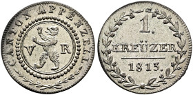 SWITZERLAND. Appenzell Ausserrhoden. Kreuzer 1813 (Billon, 17 mm, 1.09 g, 6 h). CANTON APPENZELL / V - R Coat of arms within circle, laurel branches b...