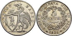 SWITZERLAND. Basel, Kanton. 5 Batzen 1809 (Silver, 26 mm, 4.60 g, 6 h). CANTON - BASEL Basilisk to left holding coat of arms. Rev. DOMINE CONSERVA NOS...
