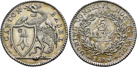 SWITZERLAND. Basel, Kanton. 5 Batzen 1810 (Silver, 26 mm, 4.54 g, 6 h). CANTON - BASEL Basilisk to left holding coat of arms. Rev. DOMINE CONSERVA NOS...