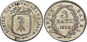 SWITZERLAND. Basel, Kanton. 3 Batzen 1810 (Silver, 24 mm, 4.00 g, 6 h). DOMINE CONSERVA NOS IN PACE Coat of arms between branches. Rev. CANTON - BASEL...