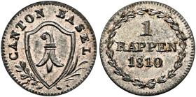 SWITZERLAND. Basel, Kanton. 1 Rappen 1810 (Billon, 15 mm, 0.59 g, 6 h). CANTON BASEL Coat of arms flanked by branches. Rev. 1 / RAPPEN / 1810 within w...