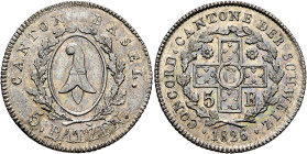 SWITZERLAND. Basel, Kanton. 5 Batzen 1826 (Silver, 27 mm, 4.25 g, 6 h). CANTON - BASEL Oval arms between oak branches, 5. BATZEN below. Rev. CONCORD. ...